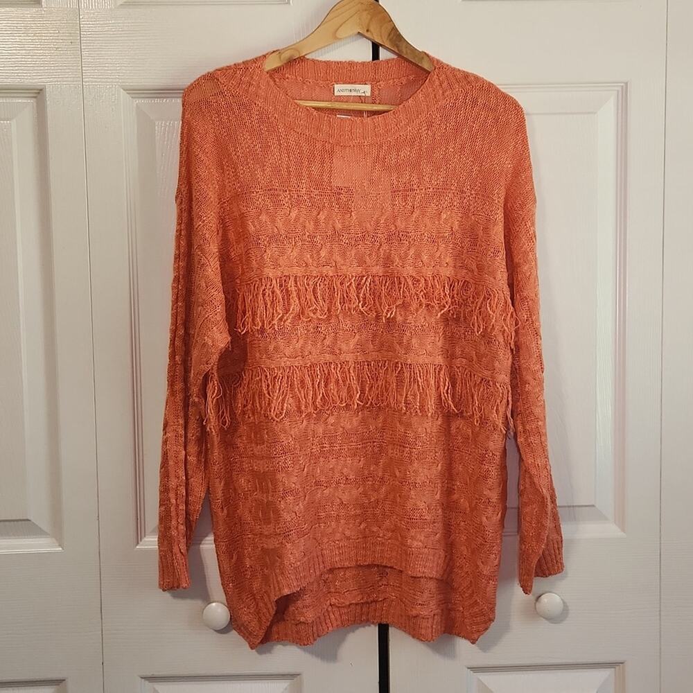 ANDTHEWHY‎ Women's Orange Semi-sheer Fringe Long Sleeve Sweater Size Med/LG NWT